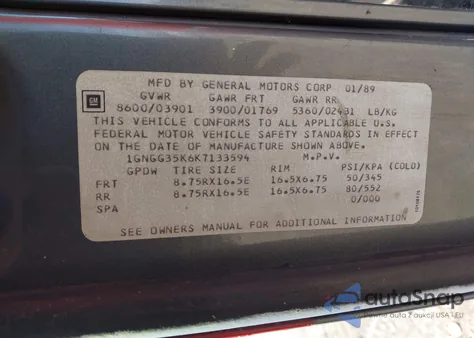 1989 Chevrolet G30 z USA, uszkodzony, nr VIN 1GNGG35K6K7133594